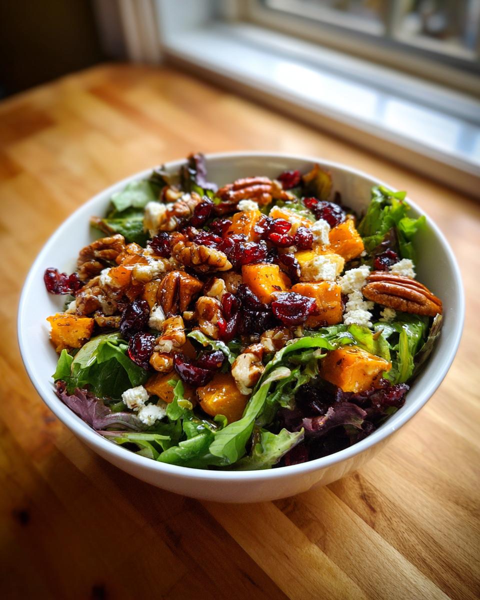 A colorful Thanksgiving salad recipes with butternut squash, cranberries, pecans, and feta cheese in a white bowl.