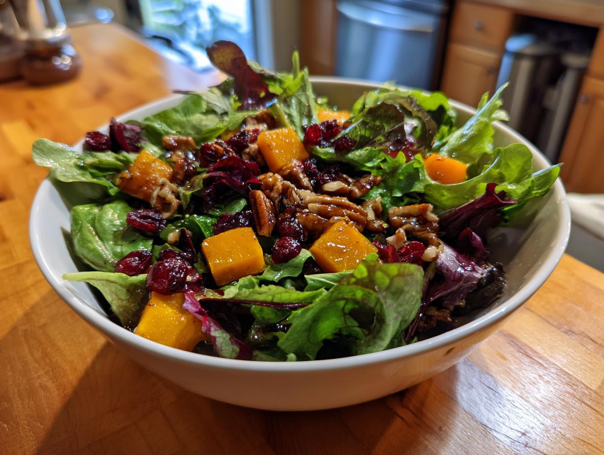 A vibrant Thanksgiving Salad Recipes featuring mixed greens, butternut squash, cranberries, and pecans in a white bowl.