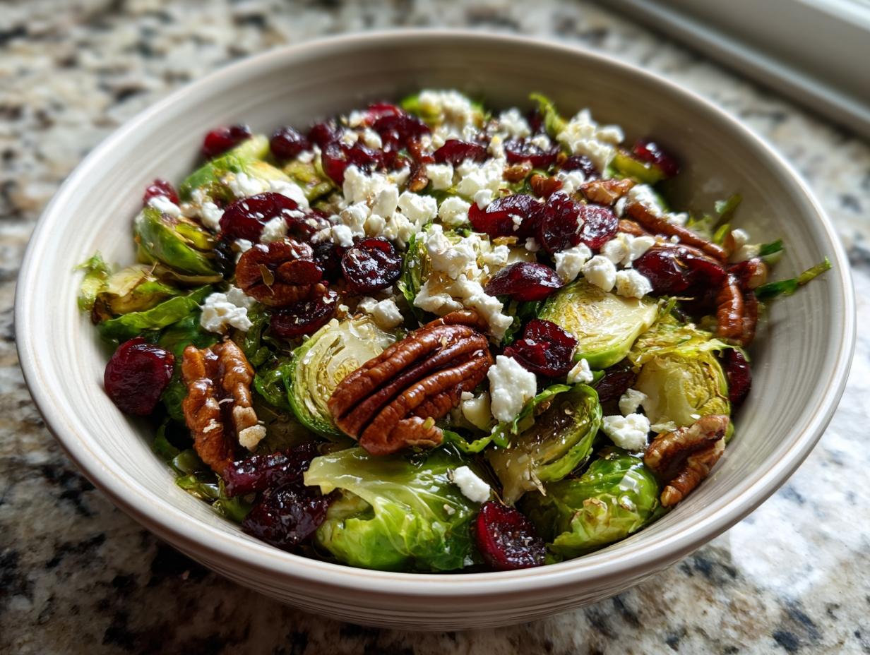 A vibrant Thanksgiving Salad Recipes Recipe Everyone Asks For featuring brussel sprouts, cranberries, pecans, and feta cheese.