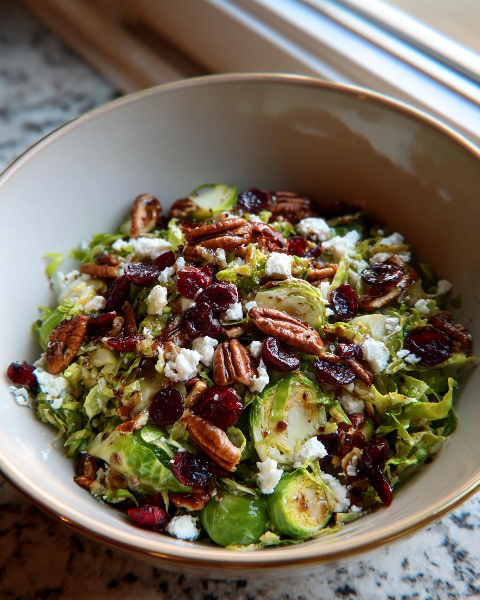 A delicious Thanksgiving Salad Recipes Recipe Everyone Asks For with brussel sprouts, cranberries, pecans, and feta.