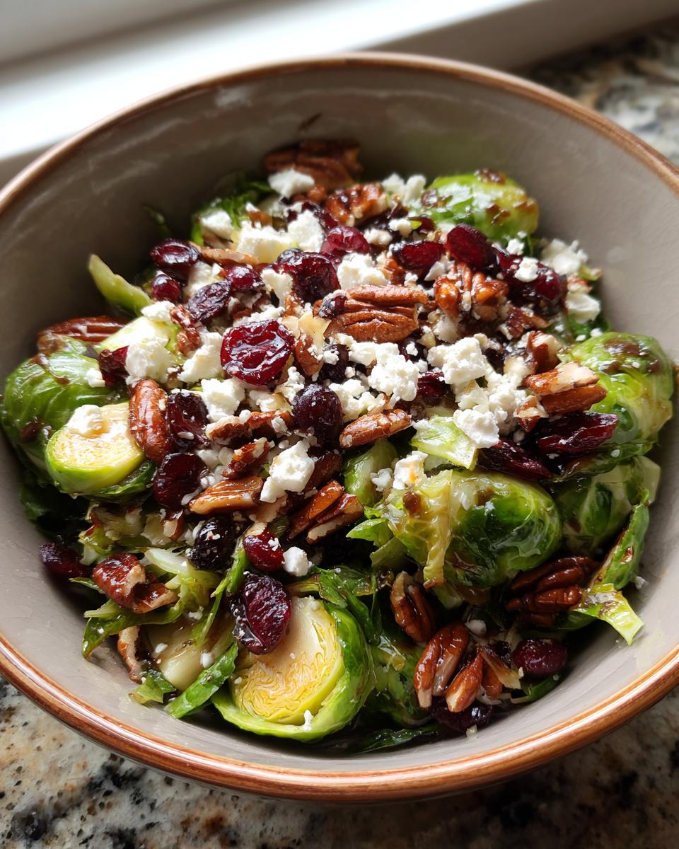 Bowl of Thanksgiving Salad Recipes Recipe Everyone Asks For with brussel sprouts, cranberries, pecans, and feta.