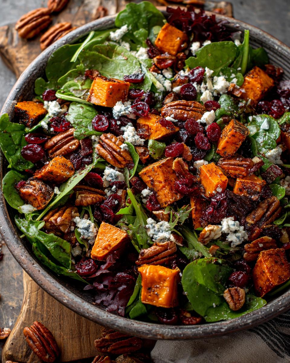 Overhead view of a Thanksgiving Salad Recipe with spinach, sweet potato, pecans, cranberries, and blue cheese.