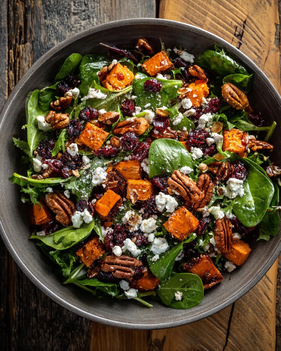 Overhead shot of a Thanksgiving Salad Recipe with spinach, pecans, cranberries, sweet potato, and feta.