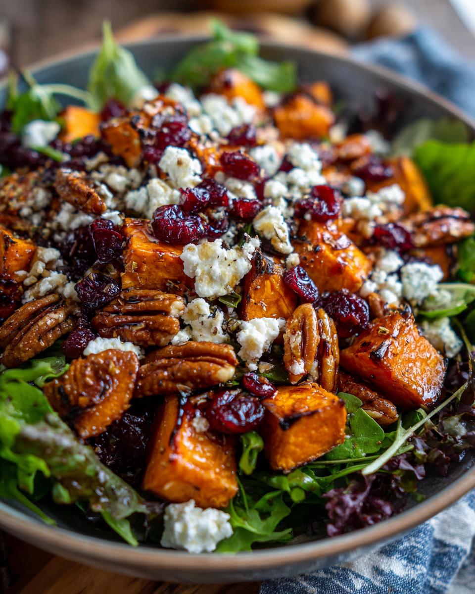 A vibrant Thanksgiving salad recipe featuring roasted sweet potato, pecans, cranberries, and crumbled cheese on a bed of greens.