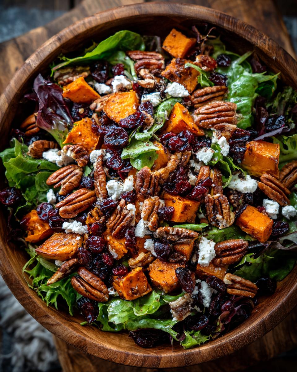 Overhead shot of a Thanksgiving Salad featuring sweet potato, pecans, cranberries, and goat cheese.