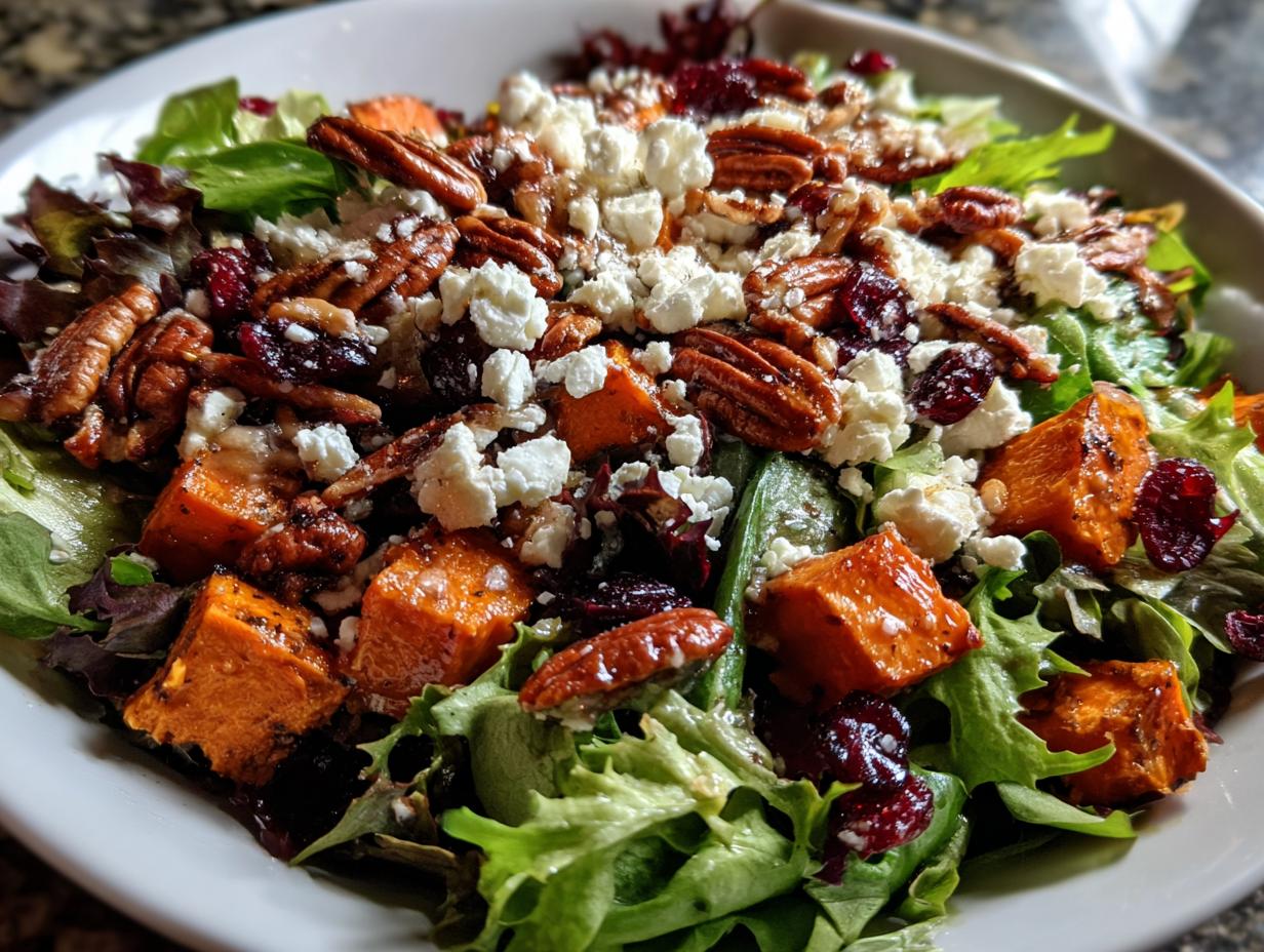 A vibrant Thanksgiving Salad Recipe featuring roasted sweet potato, pecans, cranberries, and feta cheese on mixed greens.