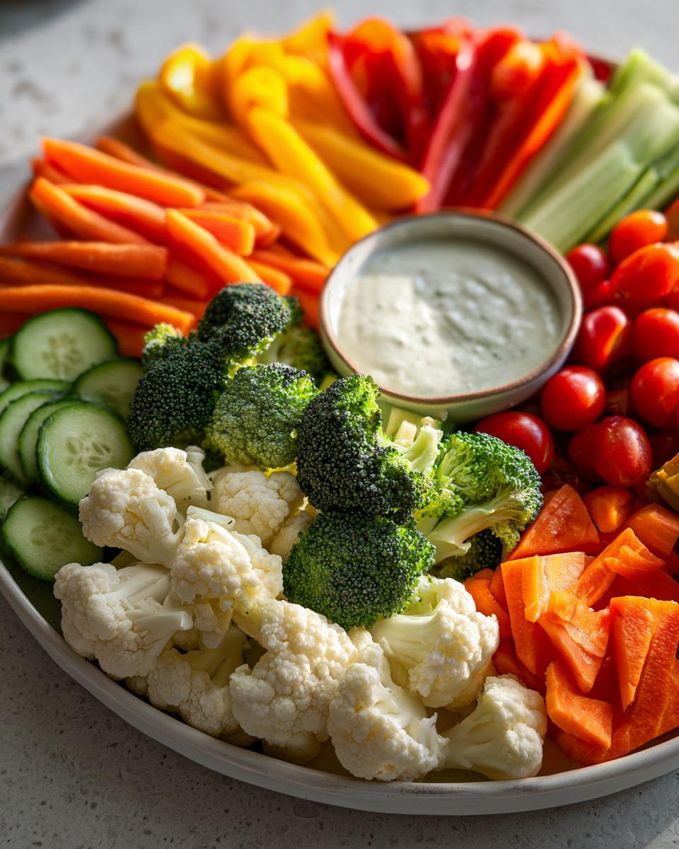 A vibrant Thanksgiving Veggie Tray with carrots, peppers, broccoli, and dip.