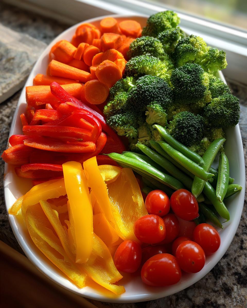 Overhead shot of a colorful Thanksgiving Veggie Tray with carrots, broccoli, bell peppers, snap peas, and cherry tomatoes.