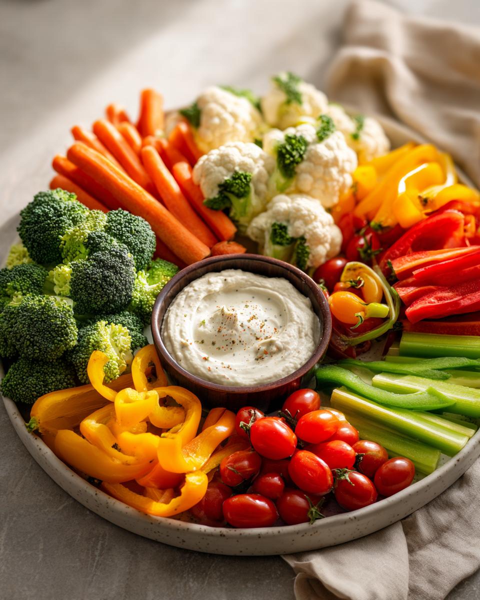 Colorful Thanksgiving veggie tray featuring broccoli, carrots, cauliflower, peppers, tomatoes, celery, and a creamy dip.