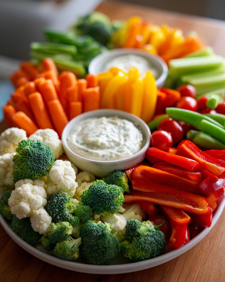 Colorful Thanksgiving veggie tray featuring fresh vegetables and creamy dips. Perfect for a Thanksgiving appetizer.