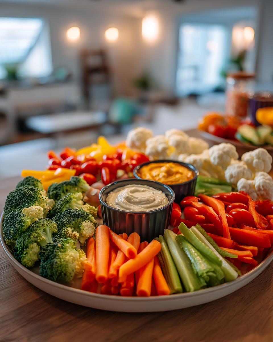 Colorful Thanksgiving veggie tray featuring broccoli, carrots, cauliflower, peppers, and dips.