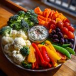Colorful Restaurant-Style Thanksgiving Veggie Tray with broccoli, cauliflower, peppers, carrots, tomatoes, olives, and dip.