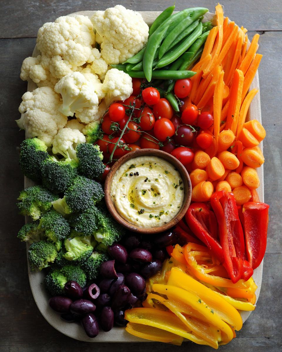 Colorful Restaurant-Style Thanksgiving Veggie Tray at Home with assorted raw vegetables and dip.