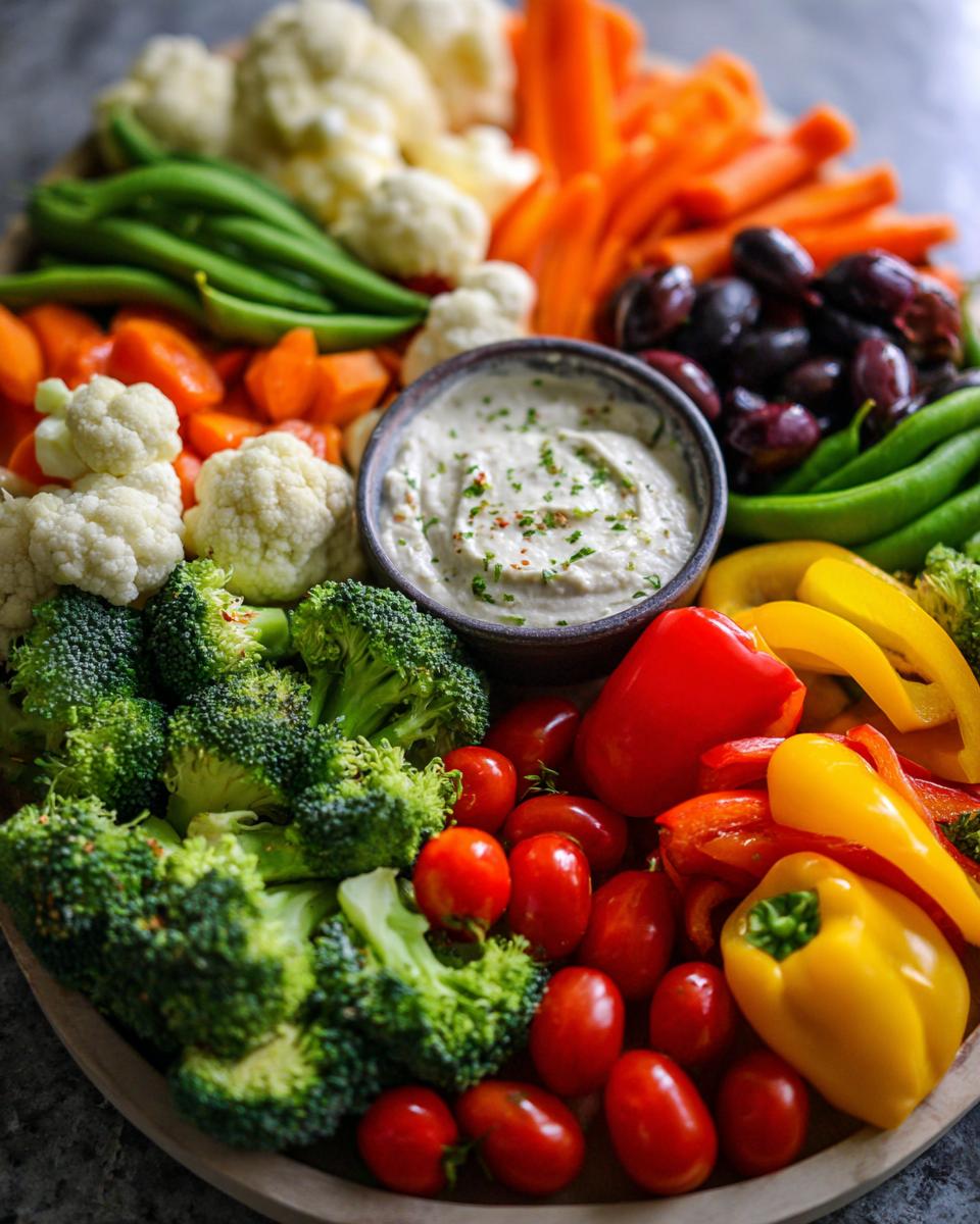 Colorful Restaurant-Style Thanksgiving Veggie Tray with assorted vegetables and a creamy dip.