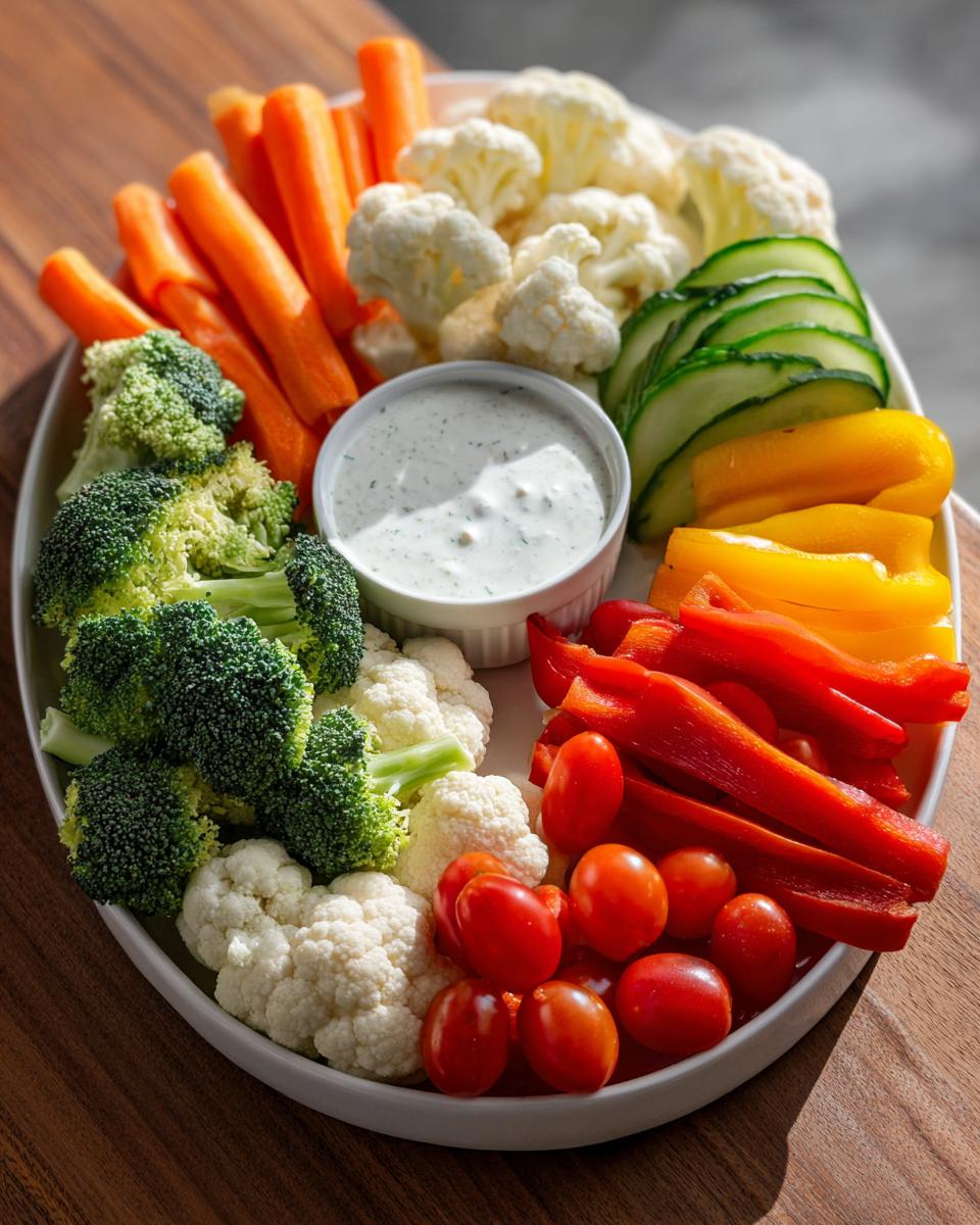 Colorful Thanksgiving veggie tray featuring carrots, broccoli, cauliflower, peppers, tomatoes, cucumbers, and dip.