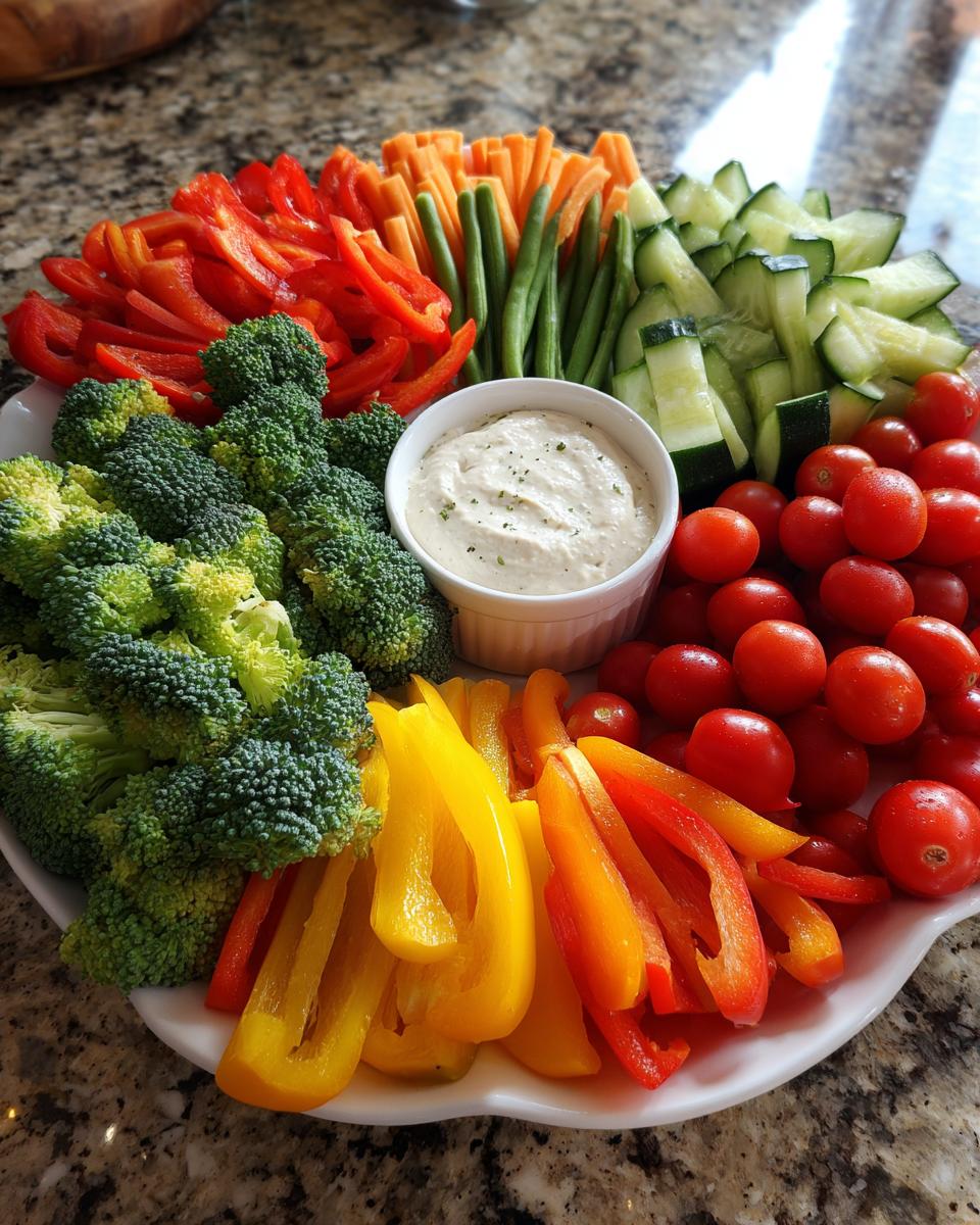 Colorful Best Thanksgiving Veggie Tray 2025 with broccoli, peppers, tomatoes, cucumbers, carrots, green beans, and dip.
