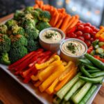 A vibrant Thanksgiving Veggie Tray 2025 with broccoli, carrots, peppers, tomatoes, cucumbers, and two bowls of dip.