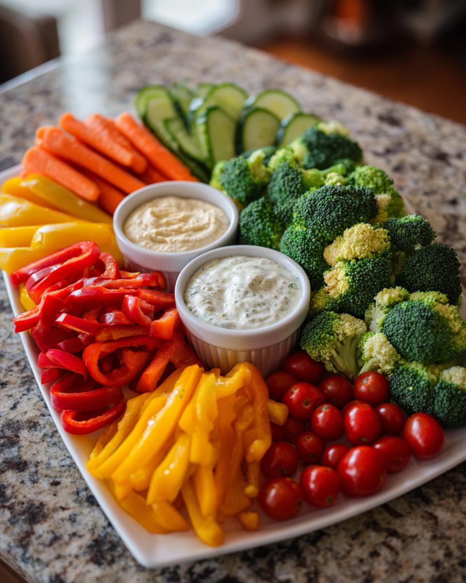 A colorful Best Thanksgiving Veggie Tray 2025: Crispy Outside, Juicy Inside featuring assorted vegetables and two dipping sauces.