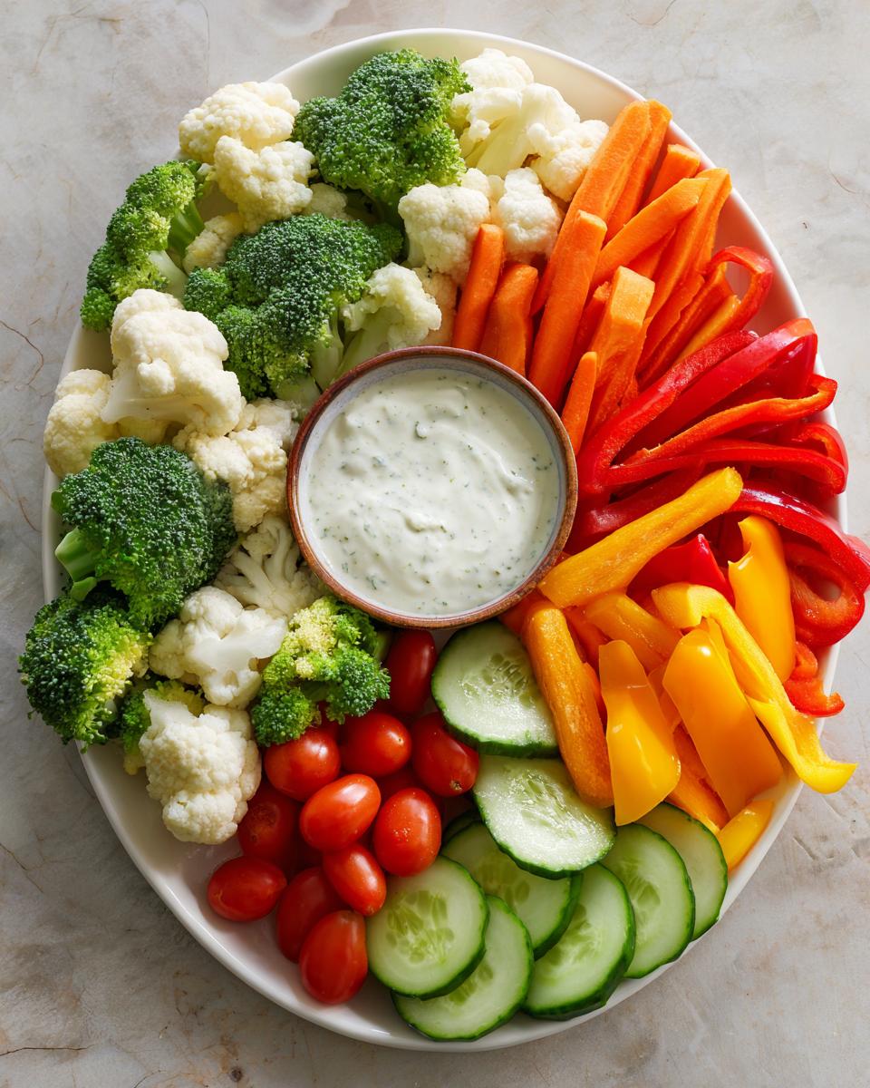 Overhead shot of a Thanksgiving veggie tray with broccoli, cauliflower, carrots, peppers, tomatoes, cucumbers, and dip.
