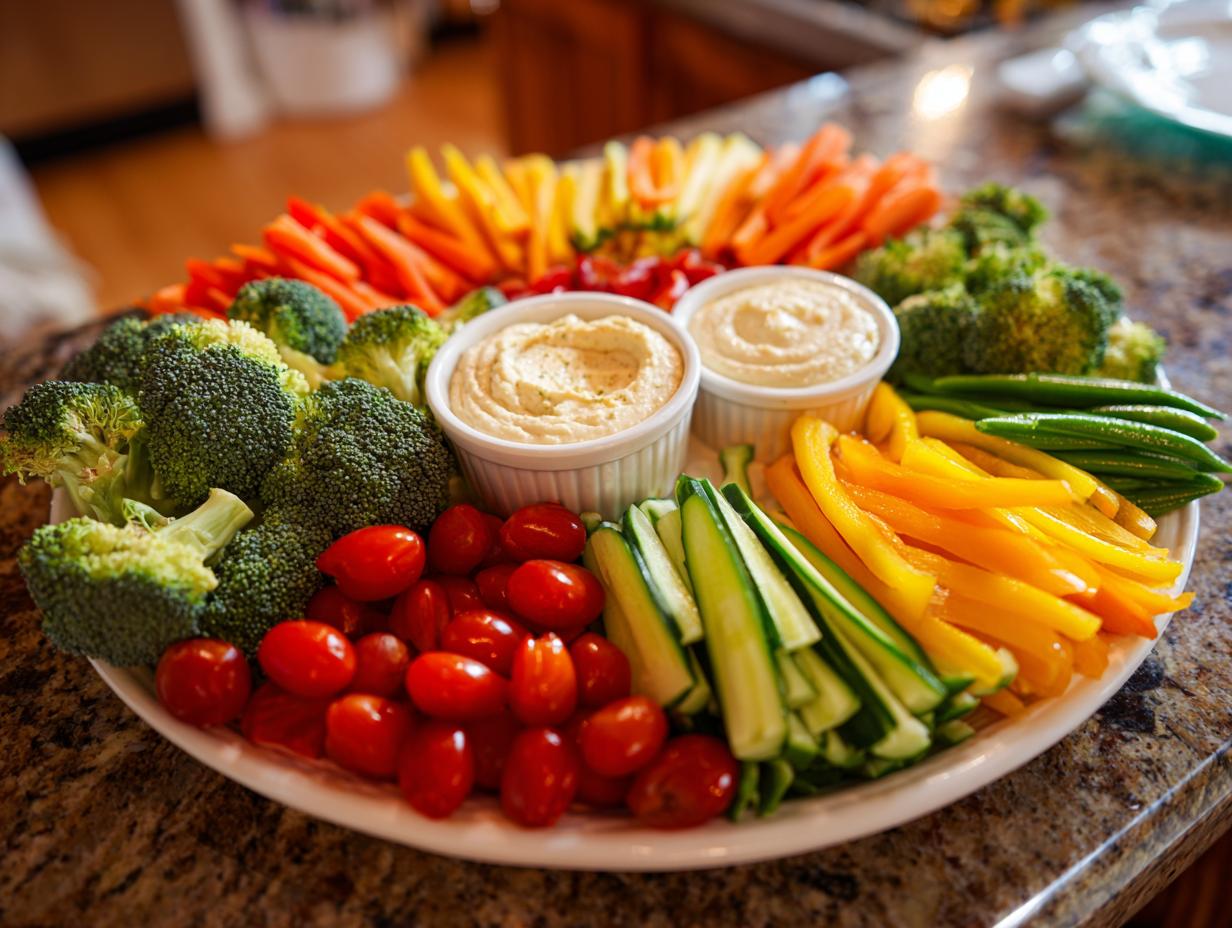 Colorful Best Thanksgiving Veggie Tray 2025 with fresh vegetables and two bowls of dip.