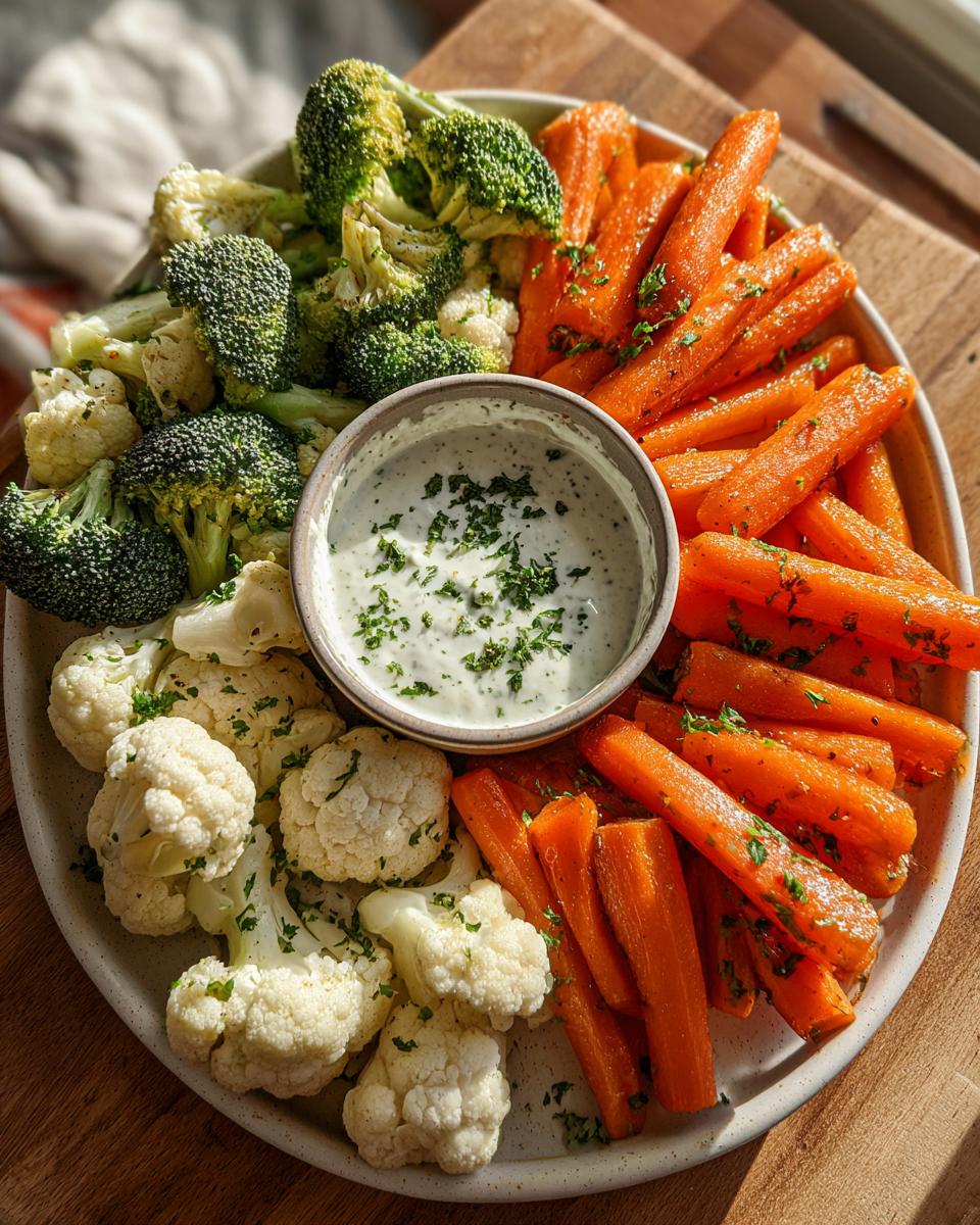 Overhead shot of a 5-Ingredient Thanksgiving Veggie Tray with carrots, broccoli, cauliflower, and dip.