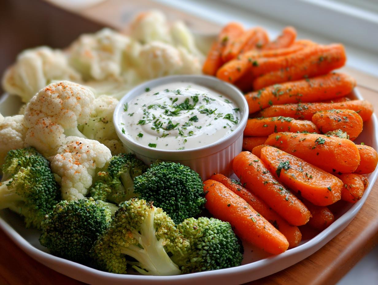 Colorful 5-Ingredient Thanksgiving Veggie Tray with broccoli, carrots, cauliflower, and creamy dip.