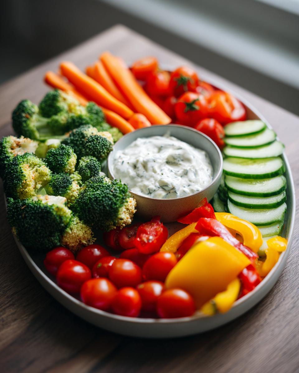 A vibrant Thanksgiving Veggie Tray featuring broccoli, carrots, tomatoes, cucumbers, bell peppers, and a creamy dip.