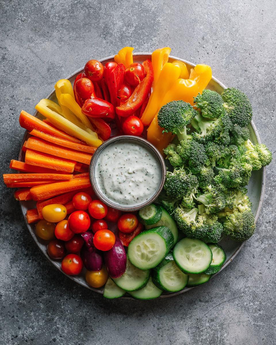 Overhead shot of a Thanksgiving Veggie Tray with carrots, peppers, tomatoes, broccoli, cucumbers, and dip.