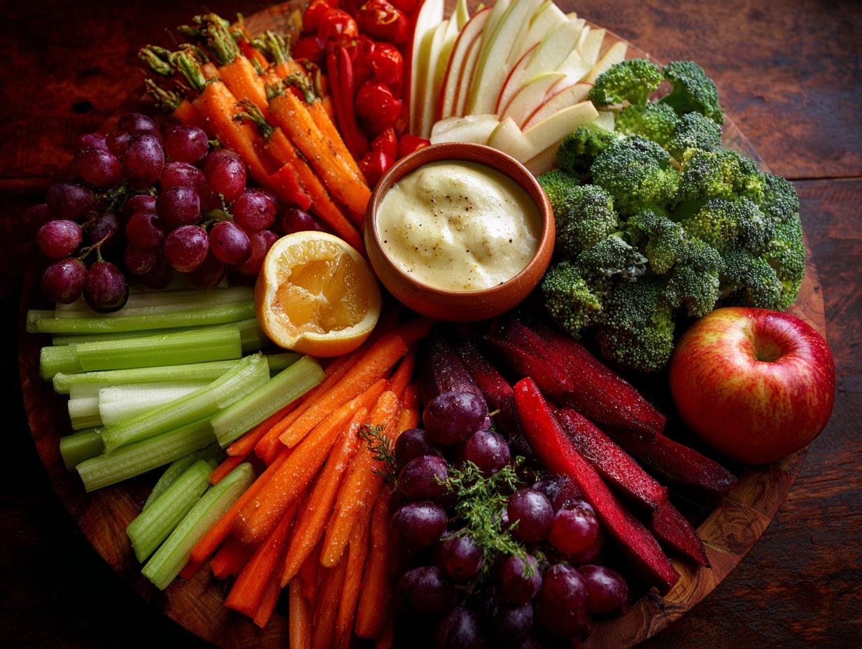 A colorful Thanksgiving veggie tray featuring carrots, celery, grapes, broccoli, apples, and a creamy dip.