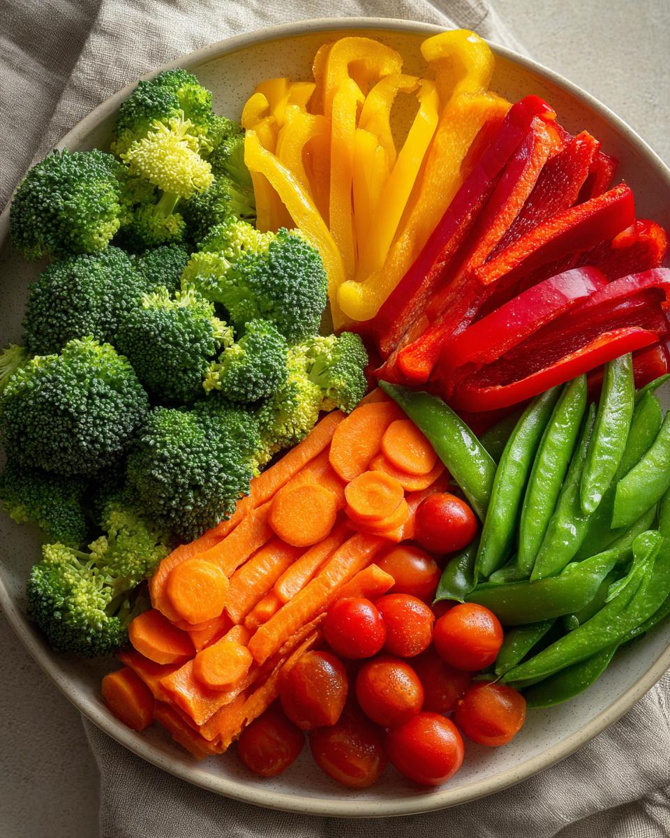 Overhead shot of a vibrant Thanksgiving Veggie Tray with broccoli, peppers, carrots, tomatoes, and snap peas.