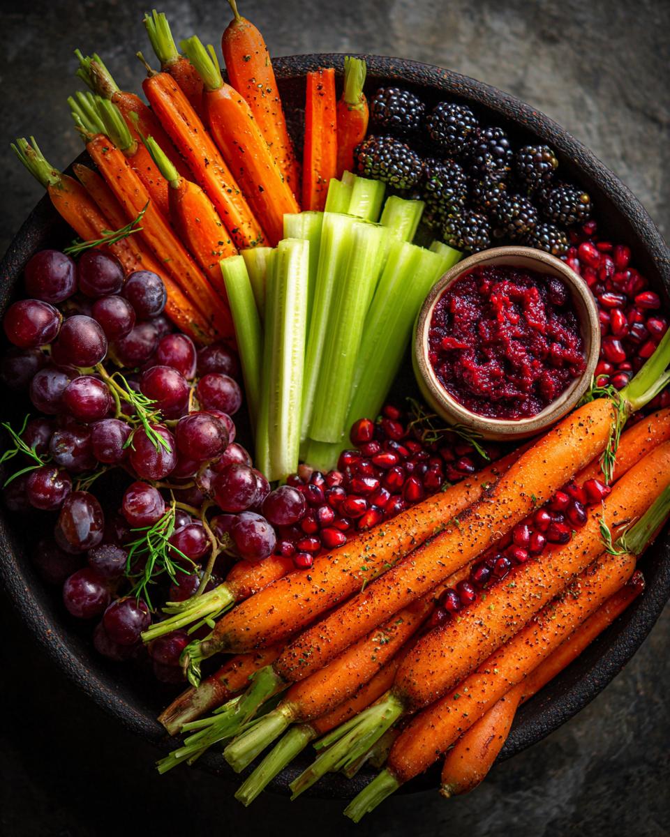 Overhead view of a Thanksgiving veggie tray featuring carrots, celery, grapes, blackberries, pomegranate seeds, and a dip.