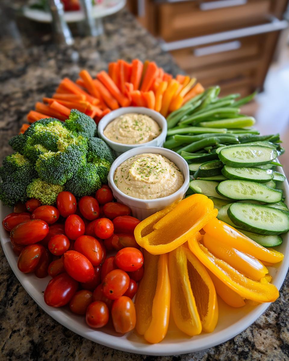 Colorful Thanksgiving Veggie Tray 2025: Crispy Outside, Juicy Inside with carrots, broccoli, tomatoes, peppers, cucumbers, and dip.