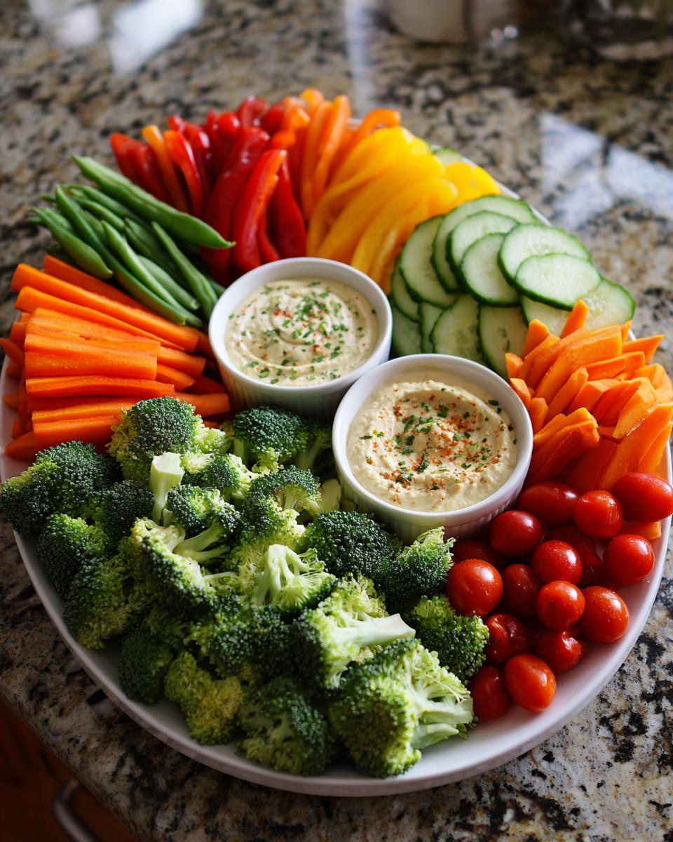 Colorful Thanksgiving Veggie Tray 2025: Crispy Outside, Juicy Inside, featuring an assortment of fresh vegetables and hummus.