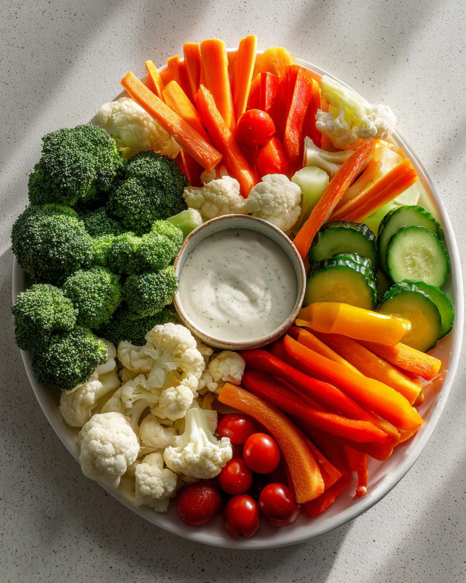 Overhead shot of a Thanksgiving veggie tray with broccoli, carrots, cauliflower, peppers, tomatoes, cucumbers, and dip.
