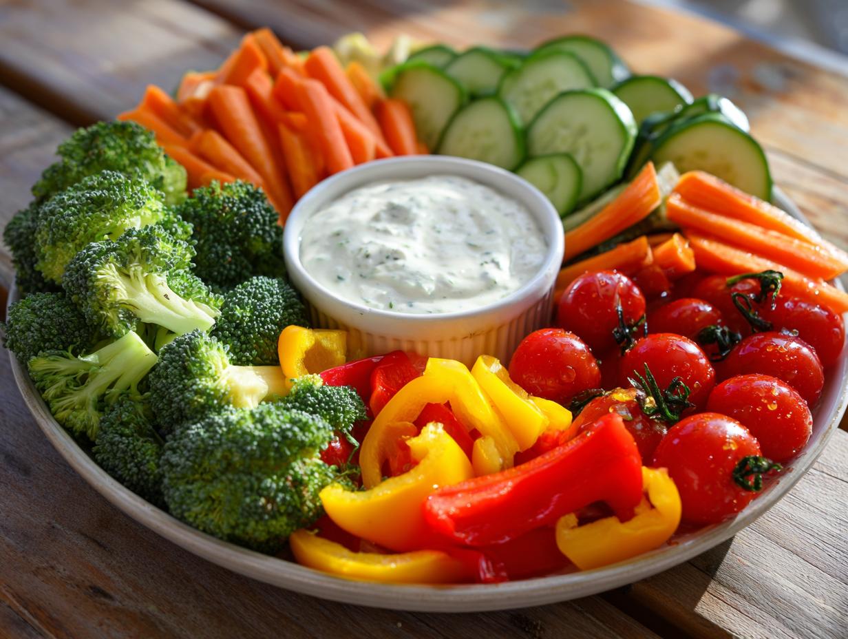 A vibrant Thanksgiving Veggie Tray featuring broccoli, carrots, cucumbers, tomatoes, bell peppers, and a creamy dip.