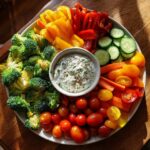Overhead shot of a Thanksgiving Veggie Tray featuring broccoli, peppers, cucumbers, tomatoes, and dip.