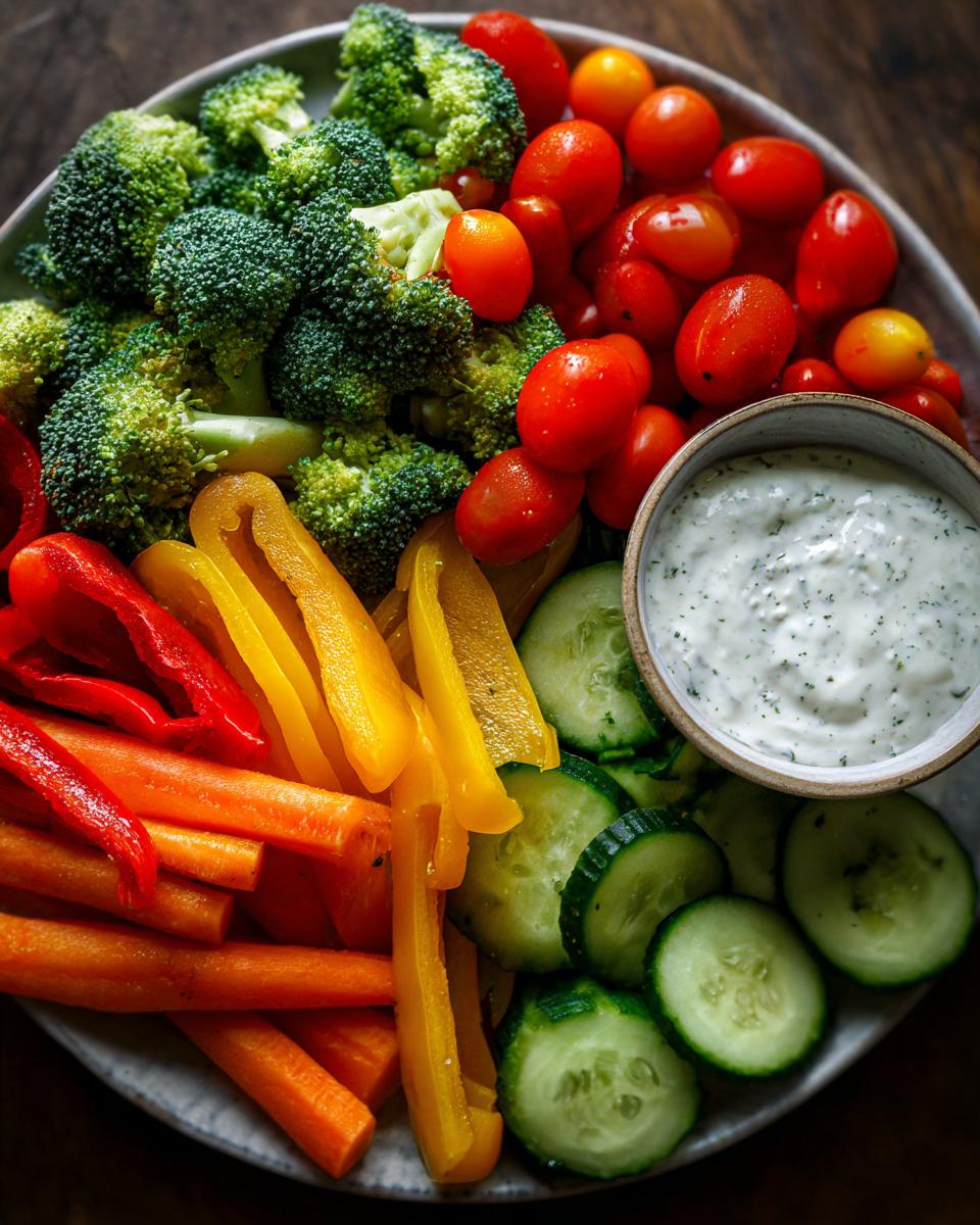 Overhead view of a colorful Thanksgiving Veggie Tray featuring broccoli, tomatoes, peppers, carrots, cucumber, and a creamy dip.