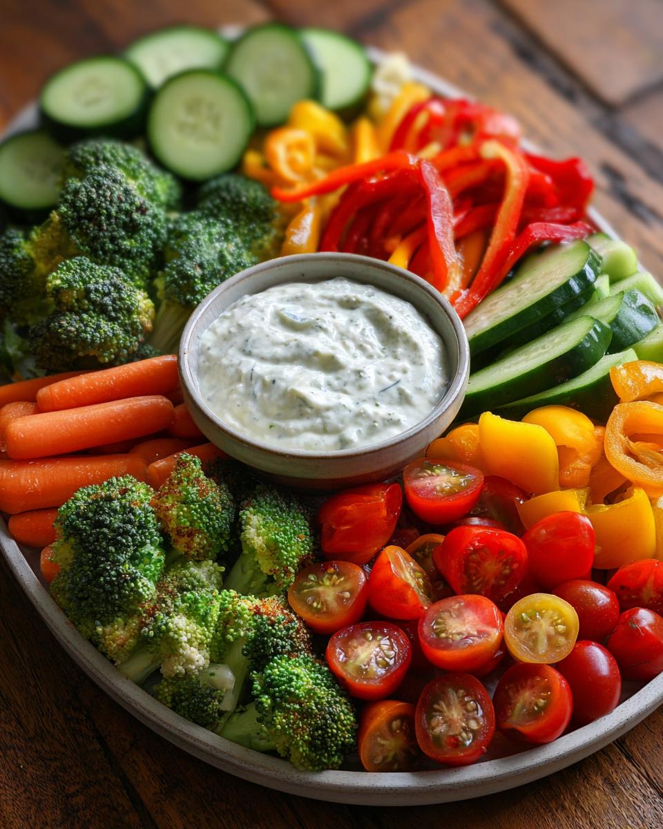 A vibrant Thanksgiving Veggie Tray featuring broccoli, carrots, tomatoes, peppers, cucumbers, and a creamy dip.