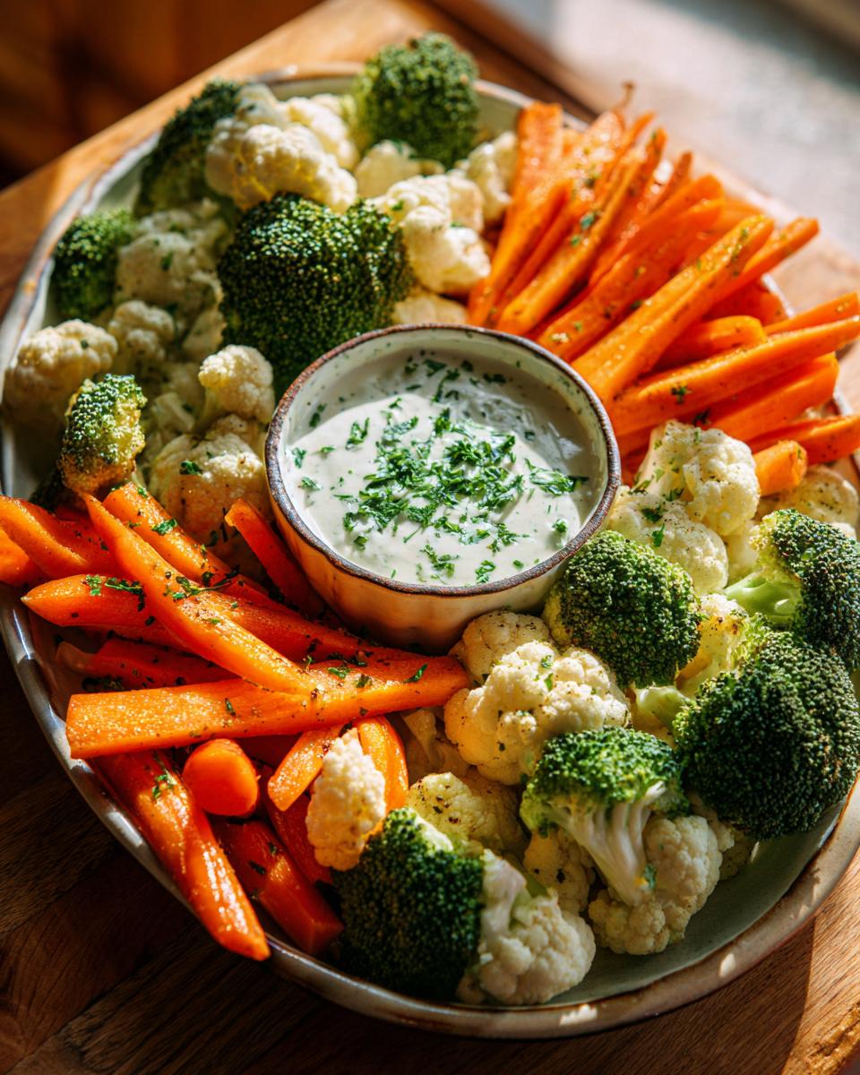 A colorful 5-Ingredient Thanksgiving Veggie Tray featuring broccoli, cauliflower, carrots, and a creamy dip.
