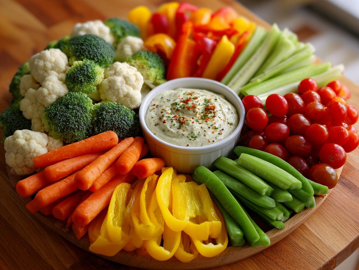 Colorful Thanksgiving veggie tray featuring fresh vegetables and a creamy dip. Perfect Thanksgiving Veggie Tray.