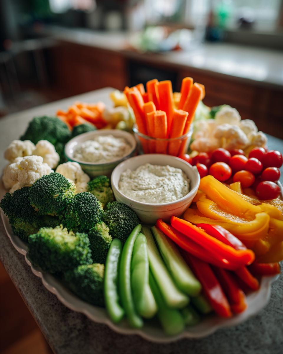 Colorful Thanksgiving veggie tray featuring broccoli, carrots, peppers, tomatoes, and creamy dip.