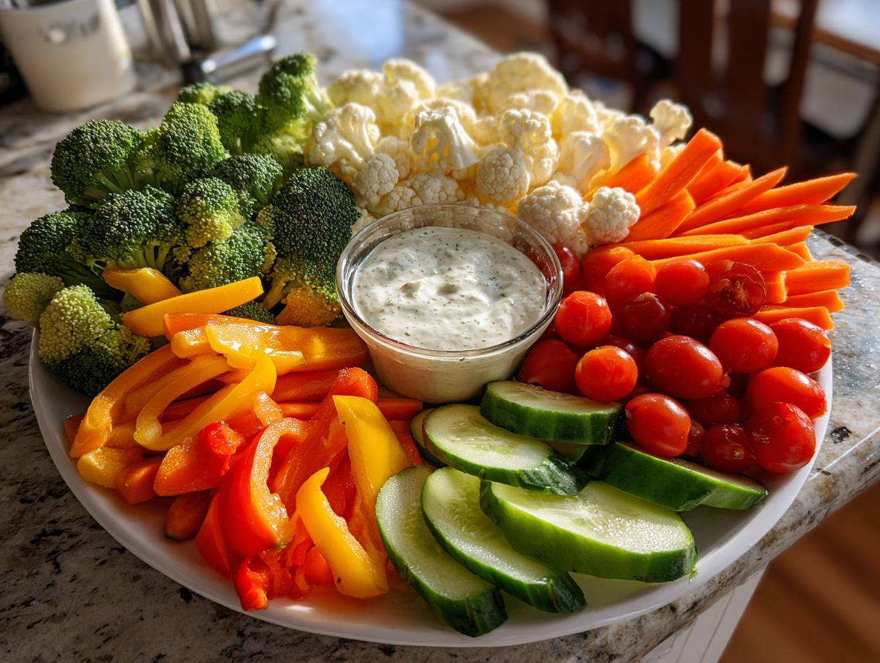 Colorful Thanksgiving Veggie Tray featuring broccoli, cauliflower, carrots, tomatoes, cucumbers, and bell peppers with a creamy dip.