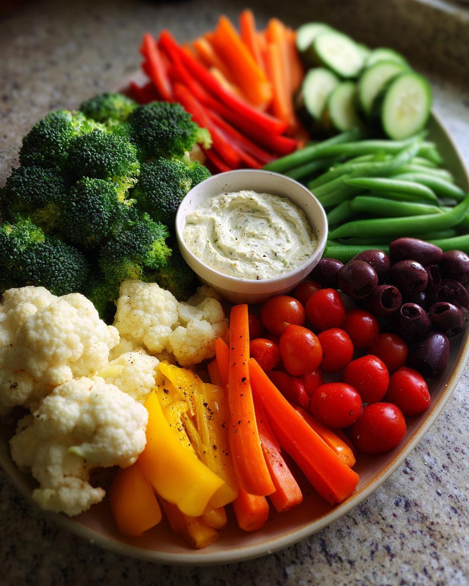 Restaurant-Style Thanksgiving Veggie Tray at Home featuring fresh vegetables and a creamy dip.