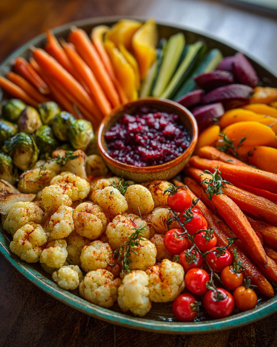 A colorful Thanksgiving Veggie Tray featuring roasted carrots, cauliflower, Brussels sprouts, tomatoes, and cranberry sauce.