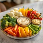 Colorful Thanksgiving veggie tray featuring broccoli, carrots, cauliflower, peppers, celery, and hummus dips.