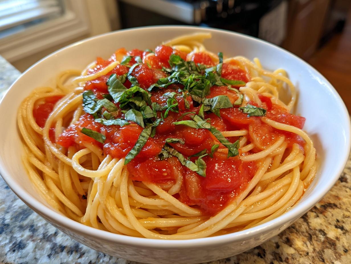 Bowl of spaghetti with fresh tomato sauce and basil, highlighting one of the quick Pasta Recipes in 20 Minutes.