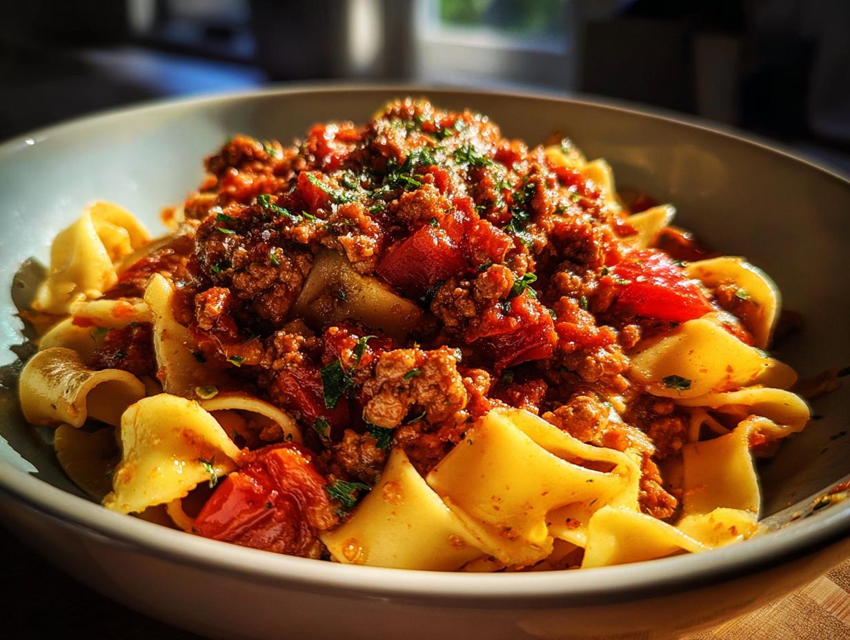 A bowl of pappardelle pasta topped with rich Turkey Bolognese sauce and garnished with fresh herbs.