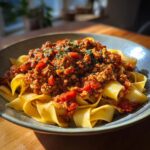 A bowl of wide pasta noodles topped with flavorful Turkey Bolognese, garnished with fresh herbs.