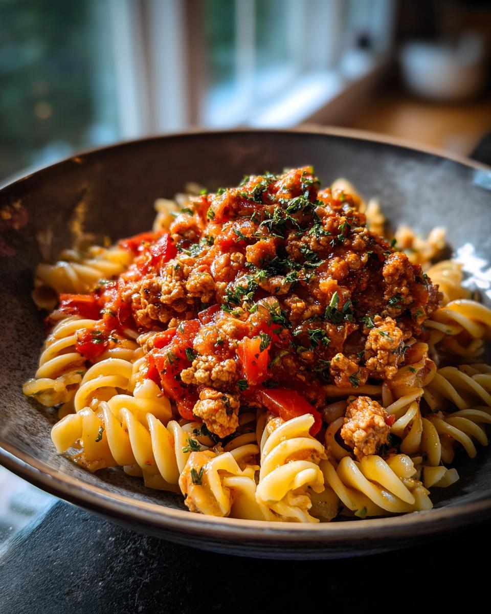 A bowl of rotini pasta topped with delicious Turkey Bolognese sauce and fresh herbs.