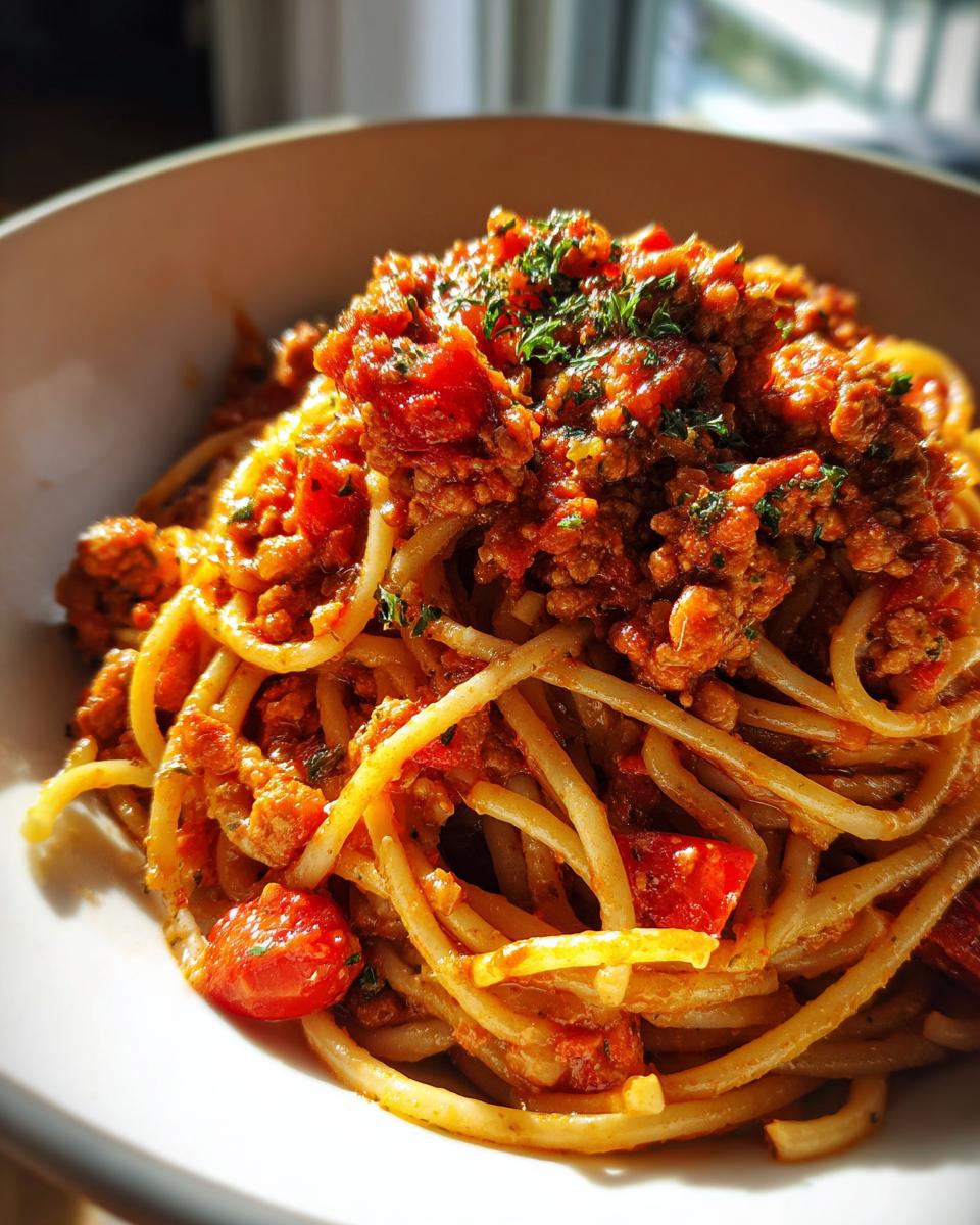 A bowl of spaghetti topped with a rich Turkey Bolognese sauce and garnished with fresh herbs.